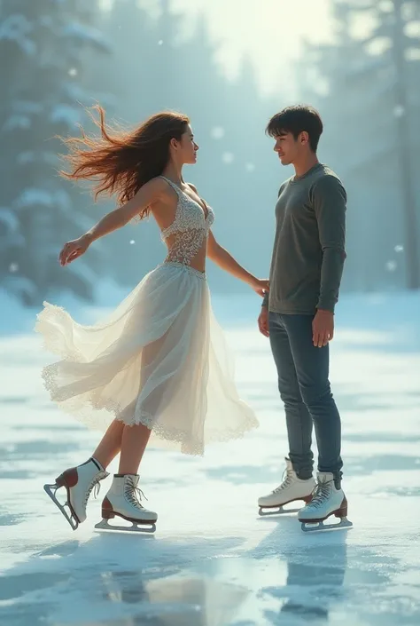 Brown woman skating on the ice while a black-haired man watches her 