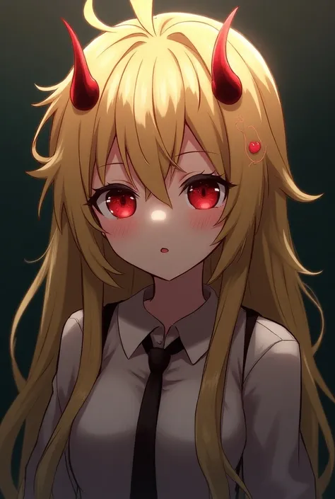 Anime girl with long blond messy hair and rounded ends.  red eyes , and little horns on her forehead ,  a pinky areola and a look of disappointment  