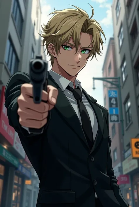 1 anime man, his body is tall and lanky and toned, his face is handsome and sensual, his mouth is set in a small smirk, his (eyes are green and half mast almost sleepy looking), he has very short, messy and mussed light blonde hair, (he is wearing black su...