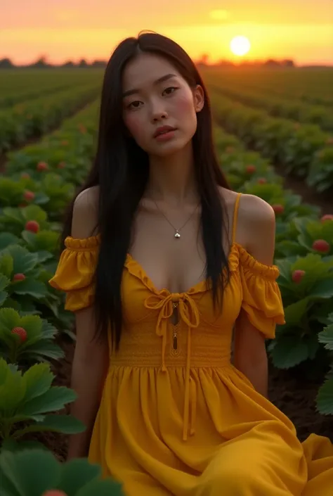 surrealism,  High level of detail ,  cinematic lighting ,  woman with long and straight hair, black color, sitting in front of a strawberry field ,  wearing a yellow woven dress, with a high level of detail ,  at sunset , with ray tracing  , viewing angle,...