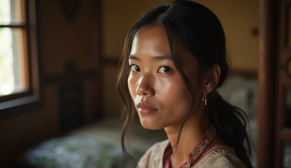 {Ultra-realistic close-up portrait of a 30-year-old Indonesian woman inside a traditional wooden home}, neutral expression with a calm presence, wearing traditional, modest attire with delicate details, background includes subtle Indonesian decor such as w...