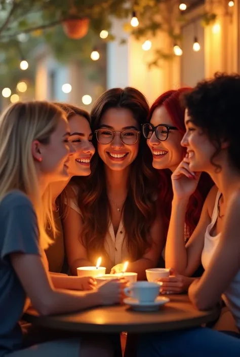 Five Friends together one woman blond one woman Brown with glasses and long hair dark Brown one woman white with dark hair and glasses one woman with red hair and one man with hair Brown 