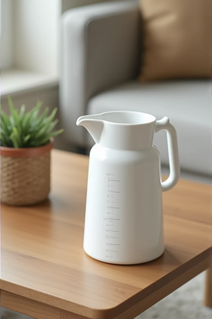 White plastic measuring jug on a coffee table 