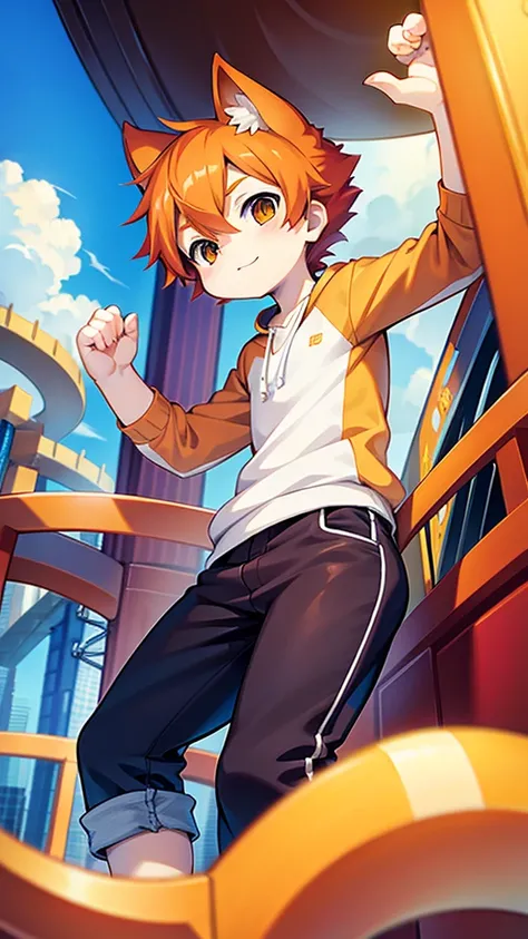 Young orange boy cat in In a small theme park 
 Digital art, anime styling, ultra HD, 