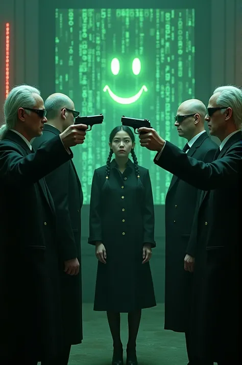  shows a photo of a young Asian woman with the appearance of a matrix movie scene ,  a madman with long ash-white hair braided wearing a black coat Formal,  in sunglasses ,  pointing at a firearm complete with silencer . strange pose ,  standing in a room ...