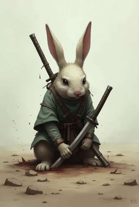 A defeated rabbit with a katana on the ground