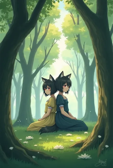 ( a girl with wolfs ears and tail ,  black hair , short hair crimson red eyes ,  long black dress , rounded face),(A girl , rounded face,  long hair ,  blue eyes , blonde hair,  long dress and blue with yellow ,)  in a park sitting under a tree watching he...