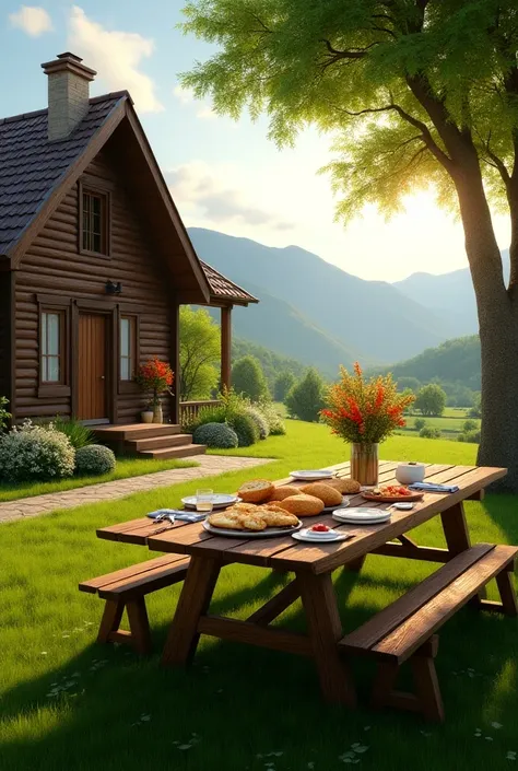 A realistic garden with green grass and a cozy wooden house with a chimney is a large table in the garden with bread, coffee and cheese on top. , with mountains in the background and a beautiful leafy tree on a dusk day with rays of sunshine crossing the s...