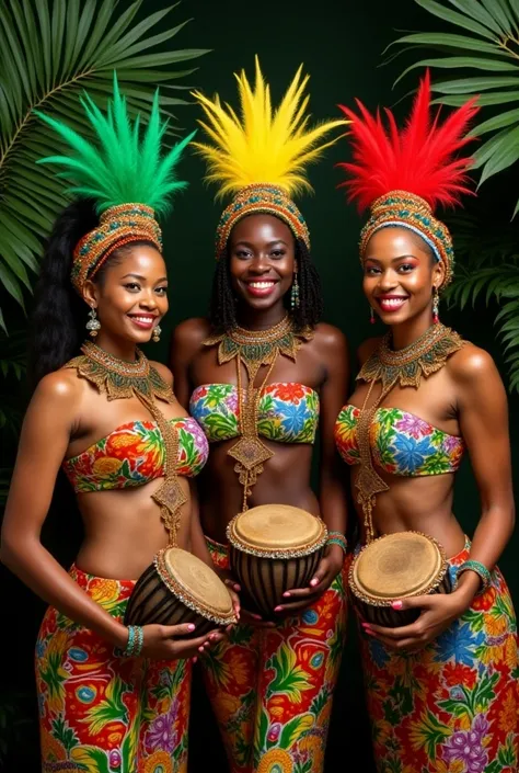  Three women dressed in traditional African costumes ,  with vibrant prints and colorful accessories , pose with joy and cultural pride .  Each wears a headpiece with feathers in bright colors  (green, yellow and red) and artistic facial makeup ,  symboliz...