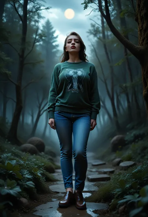 deep forest, moon, moonlight, deep dark, full-length, three-quarter, one-color green sweater, blue jeans, brown shoes, woman, ou...