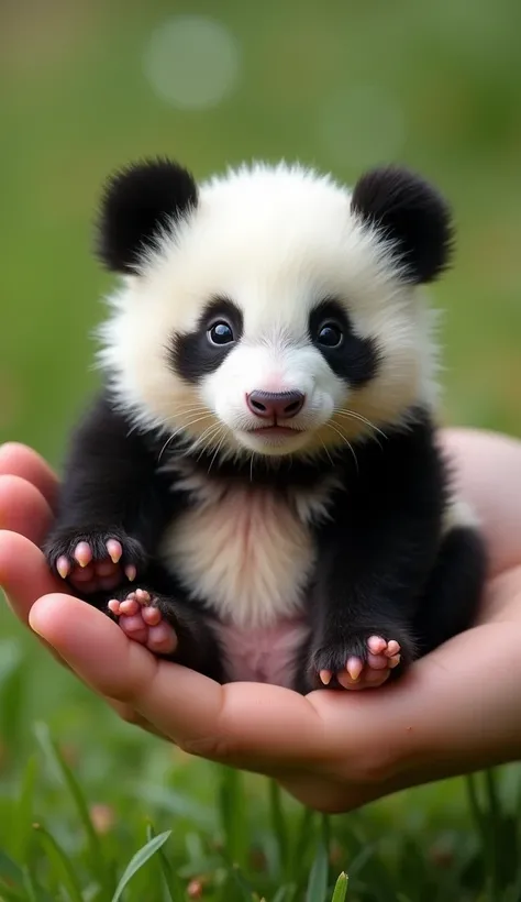 Realistic and very tiny baby panda that fits in the palm of your hand. Fluffy, very cute and adorable baby panda lying on the grass and being touched on its belly. Live action version