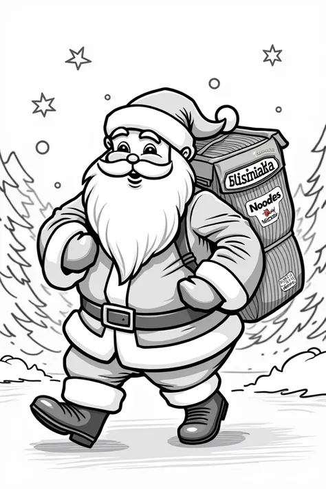 Create for me a Santa Claus carrying instant noodles from the Nissin Foods Brazil brand. In coloring page