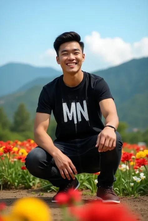  A handsome young man from Asia , clean and tidy black hair , clean and handsome white face , muscle body ,smile sweetly,  wears a black t-shirt with text "MN"in graffiti style , black jeans brown sports shoes sitting crouched in a colorful flower garden, ...