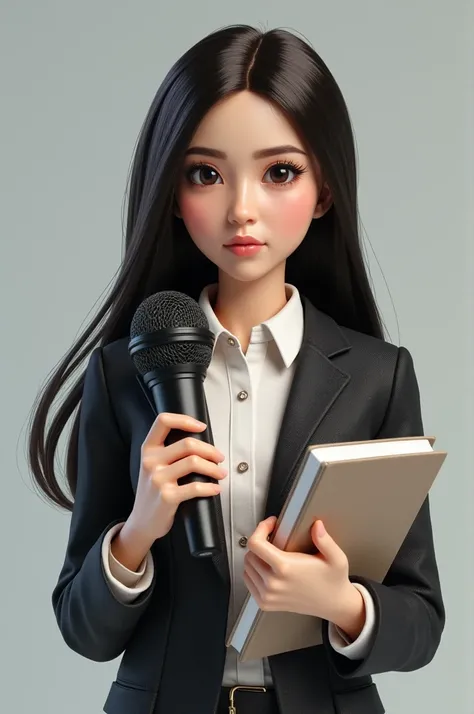  Make a doll that looks like a journalist with her microphone, and a notebook ,  that is black and has straight hair .