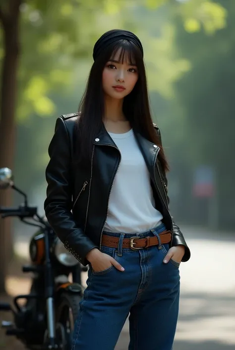 a young woman full body Indonesian face beautiful sweet dazzling long straight hair wears headgear black color label P shirt white t-shirt jacket black leather jacket long blue jeans brown belt blue shoes again standing on the roadside side motorcycle Tige...