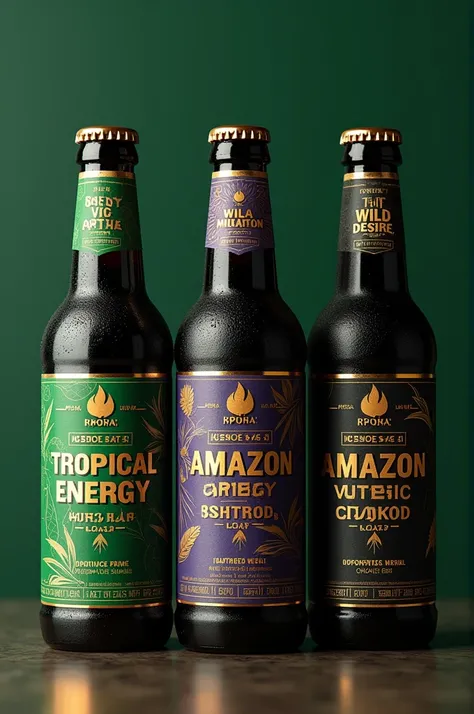  To integrate the look of your product  " Amazonian flavors "  based on the packaging provided in the image ,  we can create three variations of 150 ml bottles with wide lids ,  inspired by the styles of the beverages presented .  Here is how each variatio...