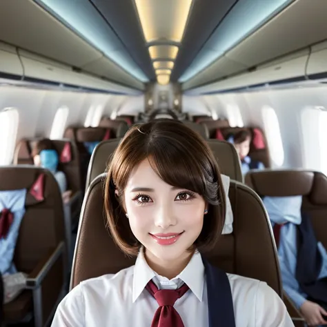 1 Female, 20 years old、 hyper-detailed face、Detailed lips、 detailed eyes on board、double eyelid、Round face、(Brown Hair、 short hair、Bob Hair、 like an airplane stewardess々Do a good job)、( stewardess uniform:1.2)、(glamorous body)、(Colossal )、Central chest、smi...