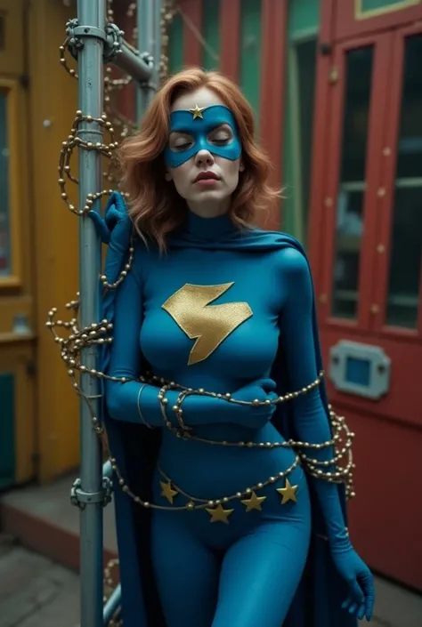 Superheroine with light brown hair wearing skintight blue body stocking her nipples protruding with gold stars on her outfit and a gold lighting bolt her chest and wearing a blue mask and a small cape. She’s very weak and sleepy in a funhouse. She’s been b...