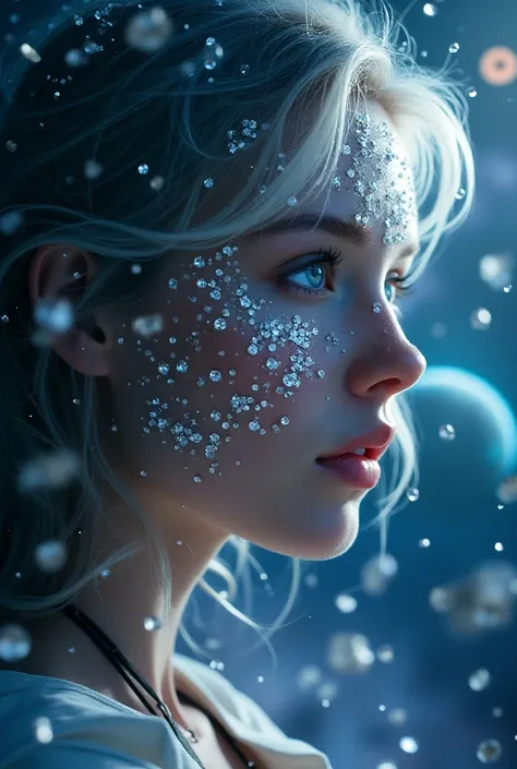 A white dark blonde girl hair wavy-straight with blue eyes with black mini shirt and a white shirt in space flying with a lot of diamonds all over her face and in the background we can’t see her face because of the diamond flying in space we can see earth ...