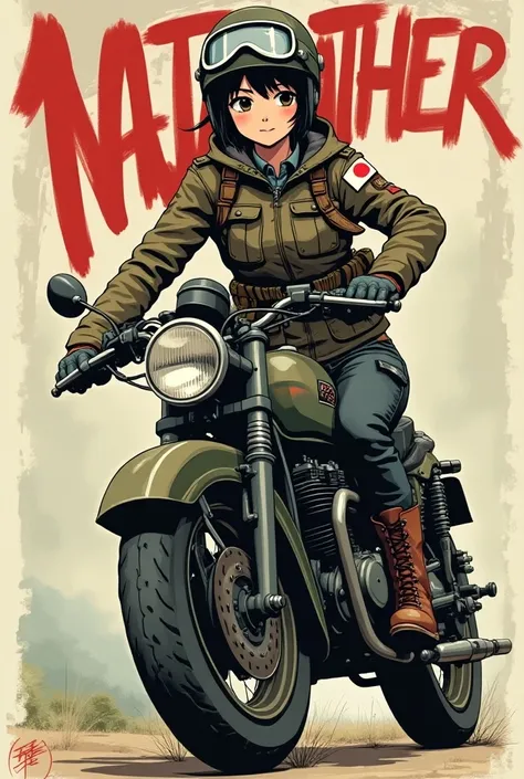    pop art  . Young beautiful disheveled dark haired ,   short hair, ,Smiling Japanese woman　Durable cargo pants, Durable boots, Vintage Helmet、Goggles and gloves,   、 Im wearing a flight jacket with a Japanese flag patch on my shoulder、  riding a military...