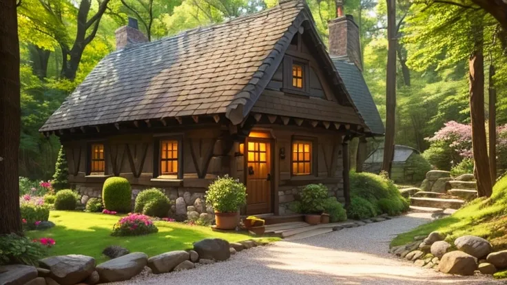 a small stone cottage with a tiled roof and a stone walkway, cottagecore!!, cottage in the woods, cottagecore, little cottage, idyllic cottage, cottagecore hippie, cottage in the forest, cottage, flowery cottage, home and garden, a brick cabin in the woods...