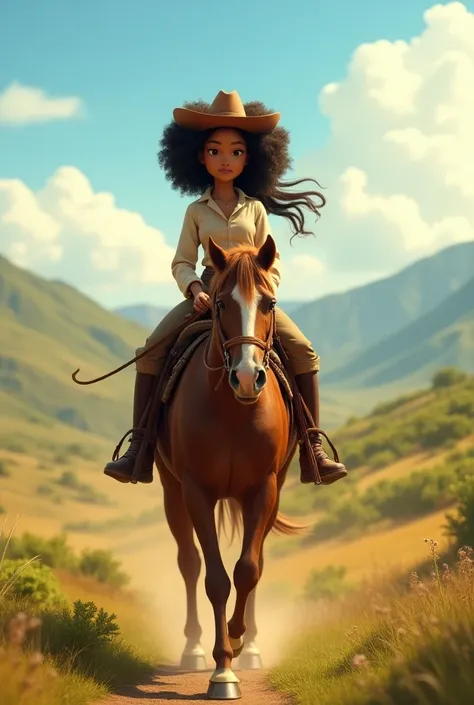 beautiful young woman, white skin, slim, Afro long light brown hair, riding a horse in a landscape , with boots and long sleeve shirt , brown hat,  Pixar style