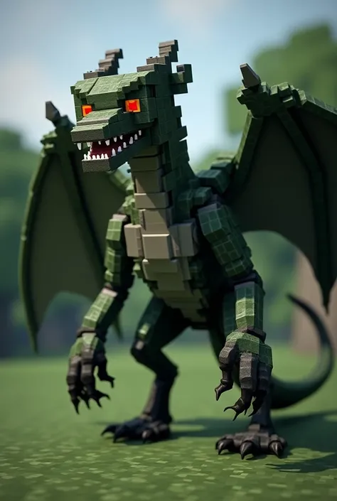 The image shows a Minecraft-style wyvern, characterized by a streamlined, slender body made of pixelated blocks in shades of dark gray and moss green, giving it the appearance of a wild and ferocious creature. The wyvern has only two front limbs, which fun...