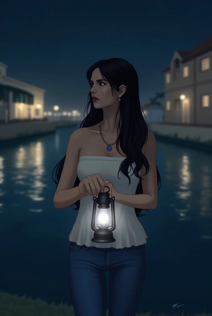 a woman stands in front of a body of water at night, holding a lantern in her hands. She is wearing a white strapless dress, a necklace, and a pair of blue jeans. Her hair is long and dark, and shes looking to the right. The background is blurred, with a f...