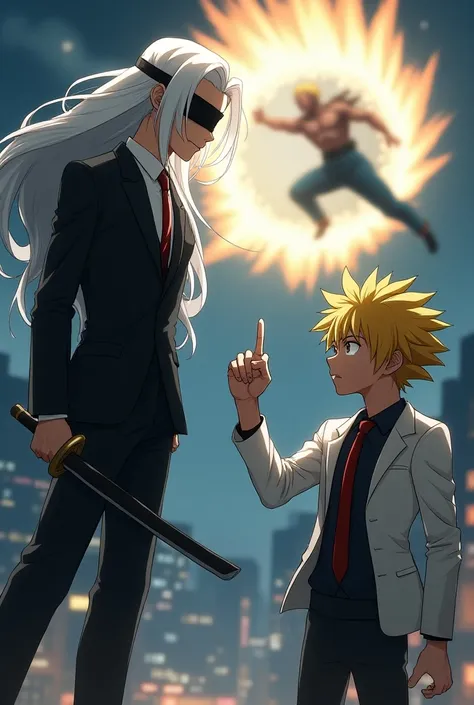  Tall skinny boy with long legs with white hair ,   in a luminous black suit with a blindfold on his eyes ,  and in front a dwarf yellow haired boy and in a white and black suit, AND RED TIE, holding a sword as if they are going to fight , The dwarf boy wh...