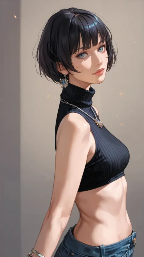 1girl,short hair with bangs,fitted black turtleneck crop top, cropped denim miniskirt,necklace, bracelet,ultra-detailed,realistic portrait,vivid colors,warm tones,standing in an elegant ballroom