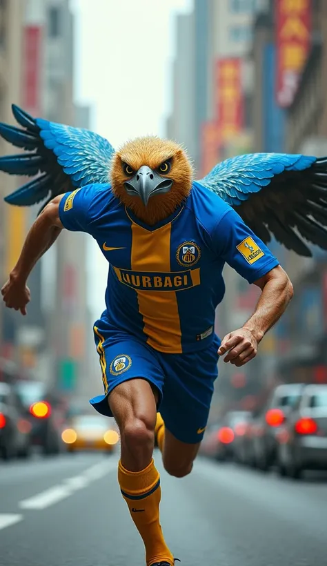 A humanoid eagle running through the streets of a busy city, its blue and yellow feathers vibrant as it dashes through traffic with incredible speed. The eagle’s muscular body is in full motion, with its wings spread out for balance as it moves swiftly and...