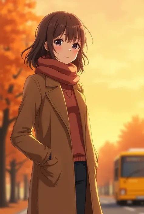  Create an anime girl ,  standing by the side of the road against the backdrop of the autumn countryside with a yellow bus and warm sunset light.  She is wearing a cozy autumn outfit — a soft ,  long coat and warm scarf .  Her hair flutters slightly in the...