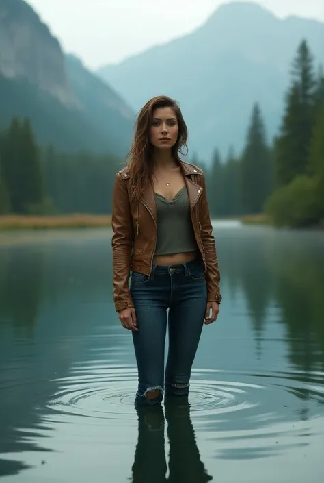 Woman wearing denim pants and leather jacket in lake