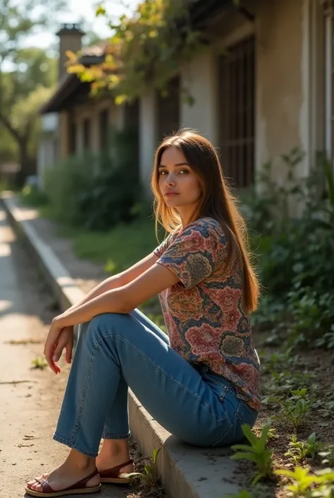 a beautiful woman wearing jeans and an intricately patterned t-shirt, sitting on a Brazilian sidewalk posing with her back to the camera looking out onto the street in natural sunlight in front of an abandoned house covered in withered vegetation