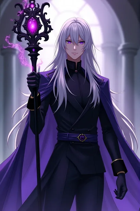 A anime male magician with white long hair and bangs and purple eyes with black sclera. With a black staf and purple gems