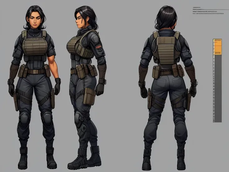 (A beautiful 27yo Navajo Female with Short Wavy Black Hair), (Beautiful woman), (Beautiful female soldier), (Shes in Special Forces), (Detailed face),  (((Gray tactical suit, bulletproof vest, gloves, utility belt, Holsters that contain both pistols and co...