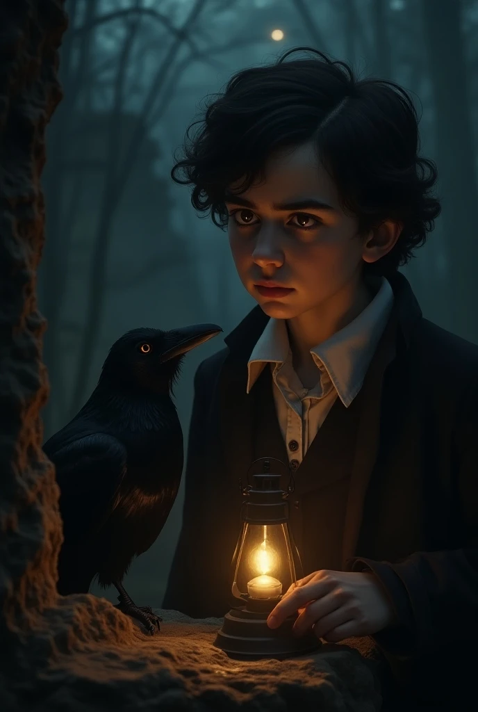 Young Edgar allan poe (20 years old) horrified and curious looking at the raven with a lantern. Atmosphere dark, mystical, spooky