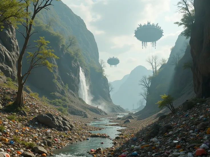 an alien landscape , with floating garbage islands and falling sewage waterfalls,  garbage and pollution everywhere , without people,  with dry trees and strange . 