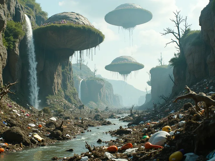 an alien landscape , with floating garbage islands and falling sewage waterfalls,  garbage and pollution everywhere , without people,  with dry trees and strange . 