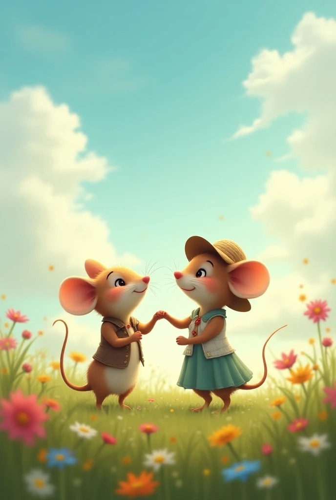  Perfect !  Here you have the tight description ,  including the dialogue between the mouse mom and her son :

" Mouse mom dressed in a nice dress and a walking hat,  sitting on a green field full of flowers .  Next to her is her son mouse ,  both looking ...