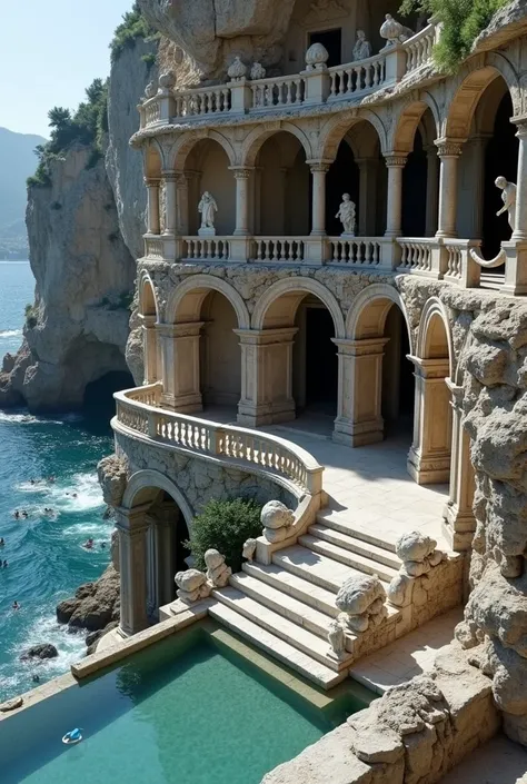 photo taken from the side, on a huge 10 meter long balcony, balcony carved on a giant brown rock, on the edge of a cliff overlooking the violent sea, many mountains like those in Greece around. Balcony floor in black and white marble, black marble table, a...