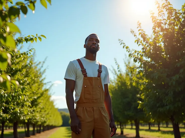 A slender, handsome Black man is seen working attentively in a vibrant orchard, surrounded by rows of lush, fruit-laden trees under a clear, blue sky. Dressed in simple, comfortable work attire, he carefully tends to the fruits, embodying a sense of focus ...