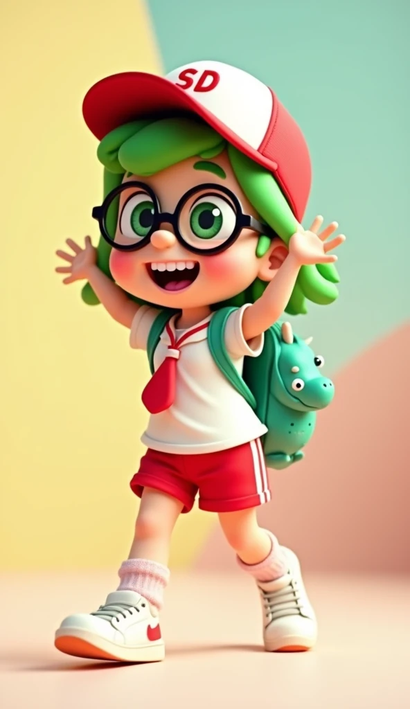 3 D animation image of  a cute and nerdy ((Focus on a joyful facial expression and an energetic pose)) , with big round glasses, wearing a school jersey ((seragam sekolah anak warna kemeja putih dengan dasi merah)), kombinasi merah dan putih truck cap hat ...