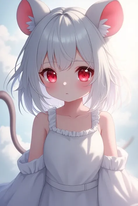  girl,red eyes,  shirt, under view, high quality,mouse tail, no background,Anime style,white hair,white clothes 