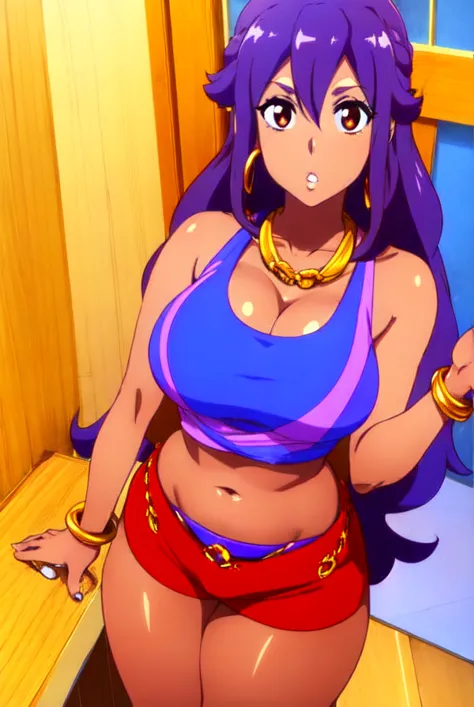 Asuna yuuki,purple hair,big breast,cleavage,brown eyes,Thick lips,puckered lips,tanned Brown  skin,Curvy figure,Gold chain necklace,((Hoopa earring)),long nail,Hoopa bracelet,Curly messy hair,hotpants,Tank top,Hair behind ear,Hime cut bang hair,1girl,Solo,...