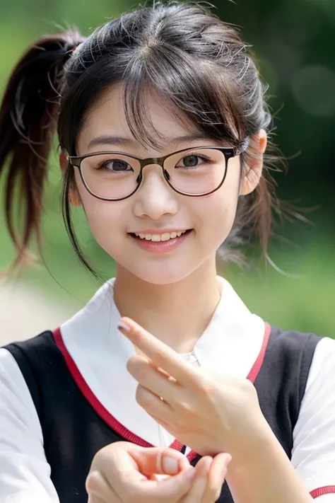 make me a romantic photo where a beautiful Asian woman (around 20 years old) (wearing a cute school uniform (add details to her face, where she wears glasses, with black hair tied in a ponytail, and a sweet smile) looks at the camera while reaching his han...