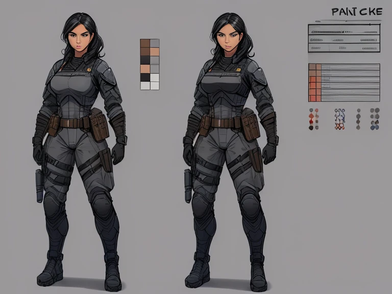 (A beautiful 27yo Navajo Female with Short Wavy Black Hair), (Beautiful woman), (Beautiful female soldier), (Shes in Special Forces), (Detailed face), (((Gray tactical suit, black armor, armored adjacents, gloves, utility belt, Holsters that contain both p...