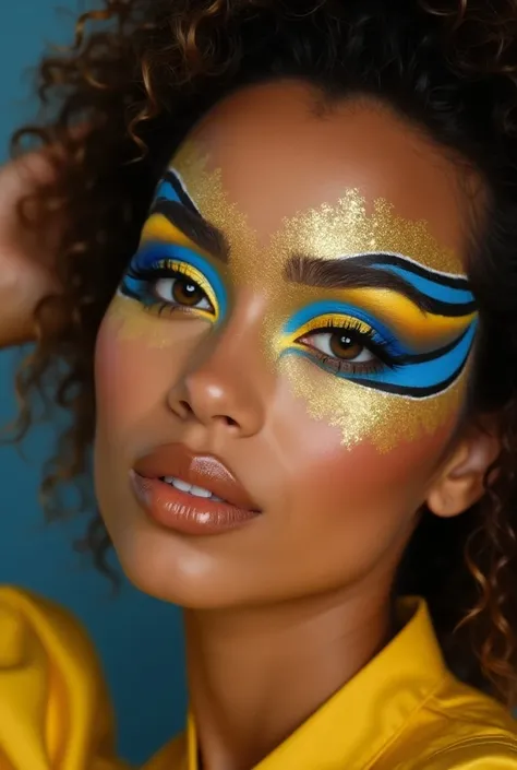 An easy-to-recreate makeup for marching band with blue and yellow and gold colors for a festival of glitter