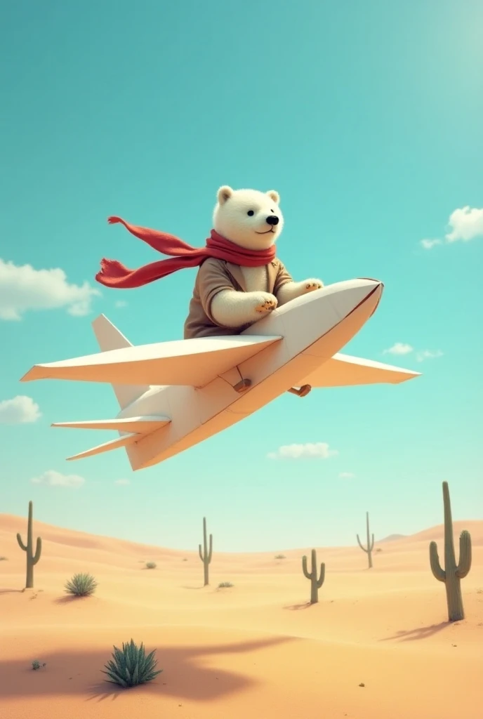  A polar bear wearing a vintage pilot suit ,  flying a giant paper plane over a desert landscape .  He is sitting on the front of the large folded sheet of paper ,  holding Strings as controls as the wind makes your scarf flutter Red. behind, You can see t...