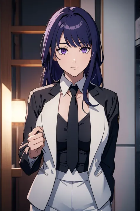 csm anime style, 1girl,raidenshogundef, suit, office woman, black tie 